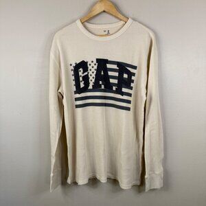 Gap Waffle Knit Long Sleeve Beige Shirt With Navy Logo & Flag Graphic Mens XL